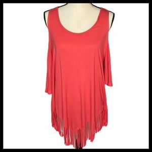 Umgee Cold Shoulder, Coral Fringe Hem Top